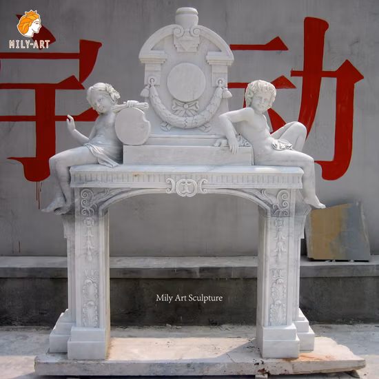 Hand Carved Decorative White Marble Door Surround with Statues