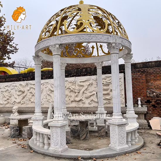 Outside Large Granite Column Gazebo with Iron Top Stone Pavilion for Garden